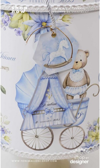 Trusou botez cu ursuleti ponei si flori albastre Teddy Bear Blue 4